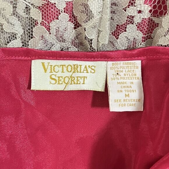VTG Victoria's Secret Teddy Magenta Pink Satin Beige Lace Gold Label Medium - Picture 7 of 8